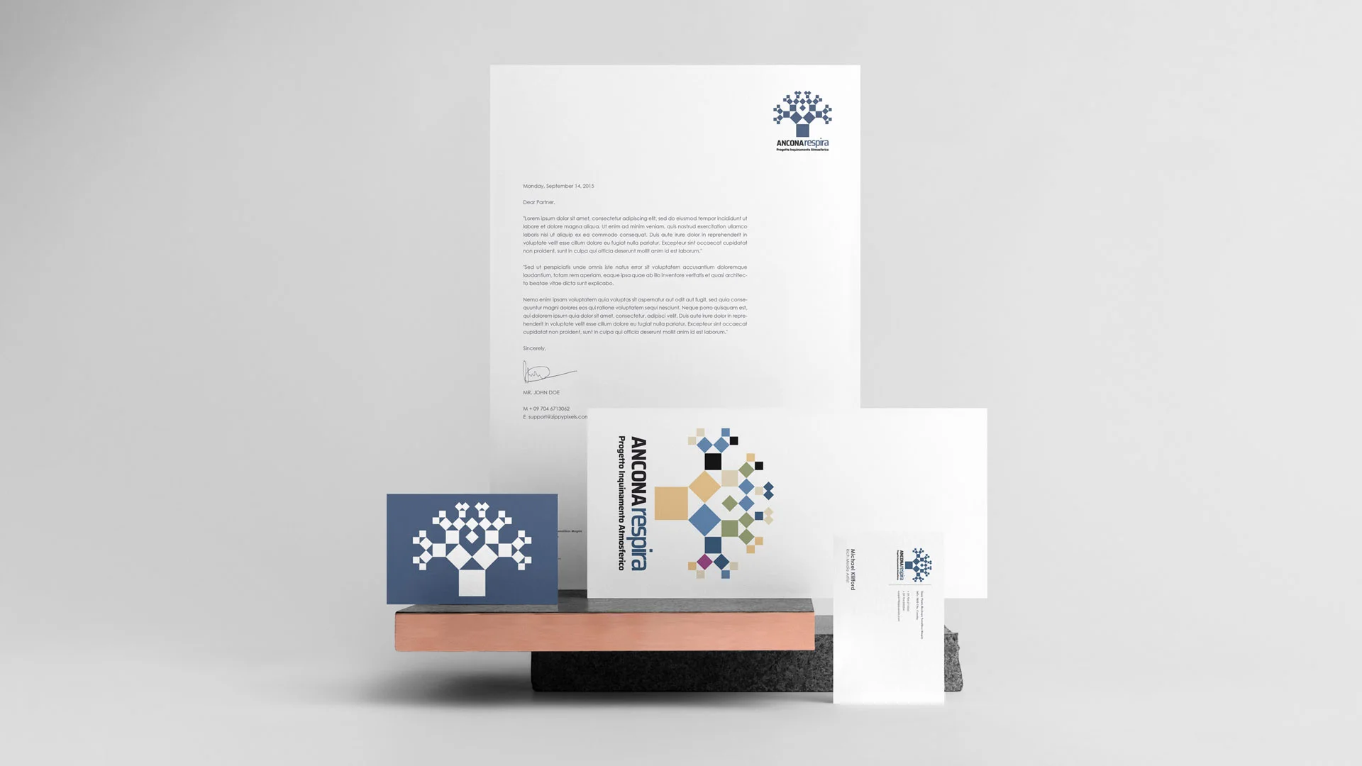 Carta intestata, cartellina, busta e biglietto da visita disposti su un basamento chiaro, ognuno con una versione diversa dell'albero: a colori sui formati grandi, in bianco su fondo blu sul cartoncino.