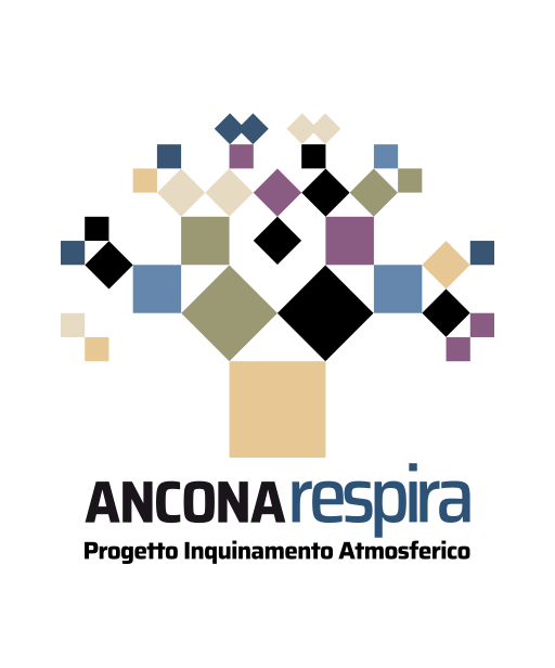 Il marchio isolato su fondo bianco: l'albero di quadrati che cambia colore ramo per ramo, con sotto la scritta ANCONA respira e la riga Progetto Inquinamento Atmosferico.
