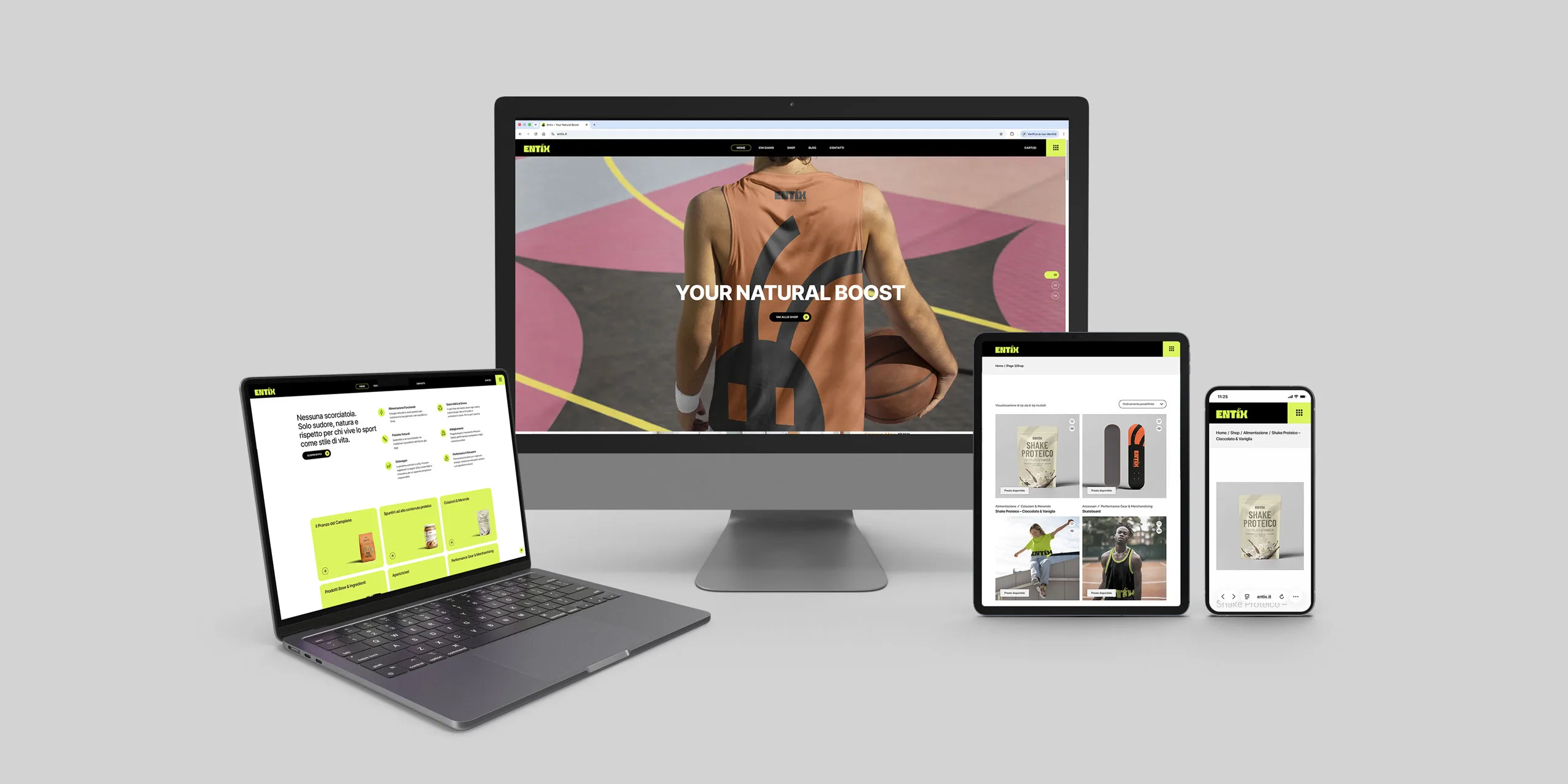 Il sito Entix mostrato su monitor, laptop, tablet e telefono, con la home page e la pagina del prodotto shake proteico.