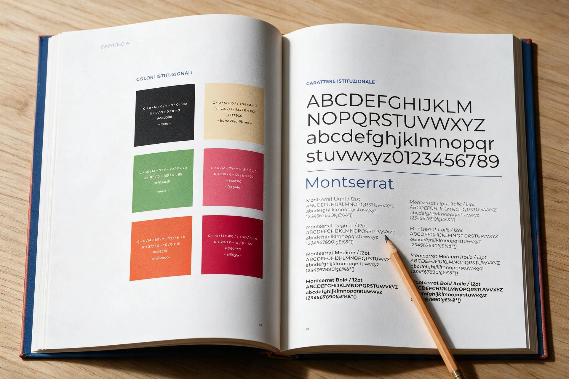 Mock-up generato: doppia pagina del manuale con i colori istituzionali e il carattere Montserrat, montata su un libro aperto su un piano di legno con una matita appoggiata sulla pagina; il testo minuto delle prove tipografiche non è garantito fedele.