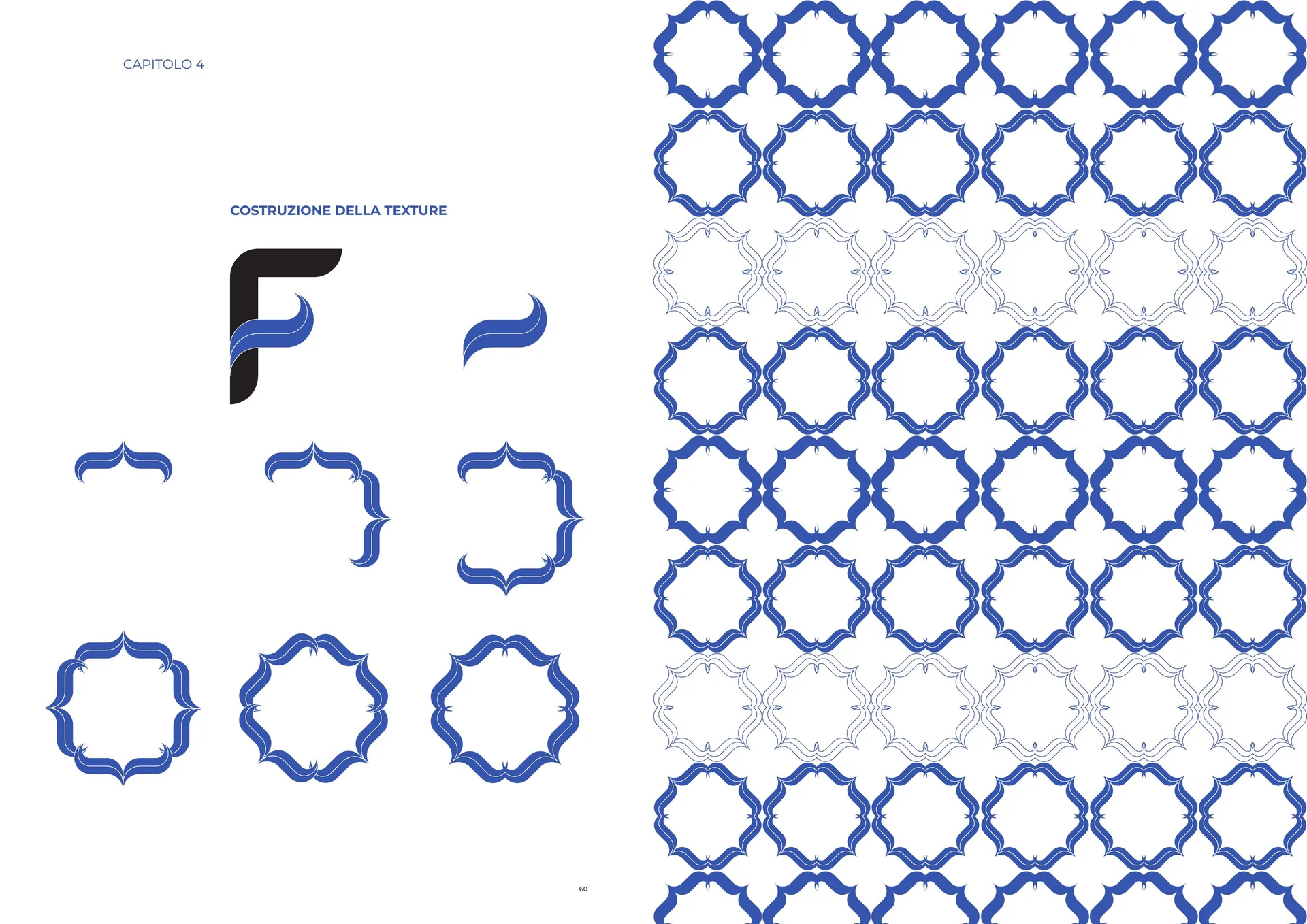 Doppia pagina del manuale: a sinistra la texture montata passo per passo, dalla cravatta della F fino al rosone a otto punte; a destra il motivo ripetuto a tutta pagina in blu.