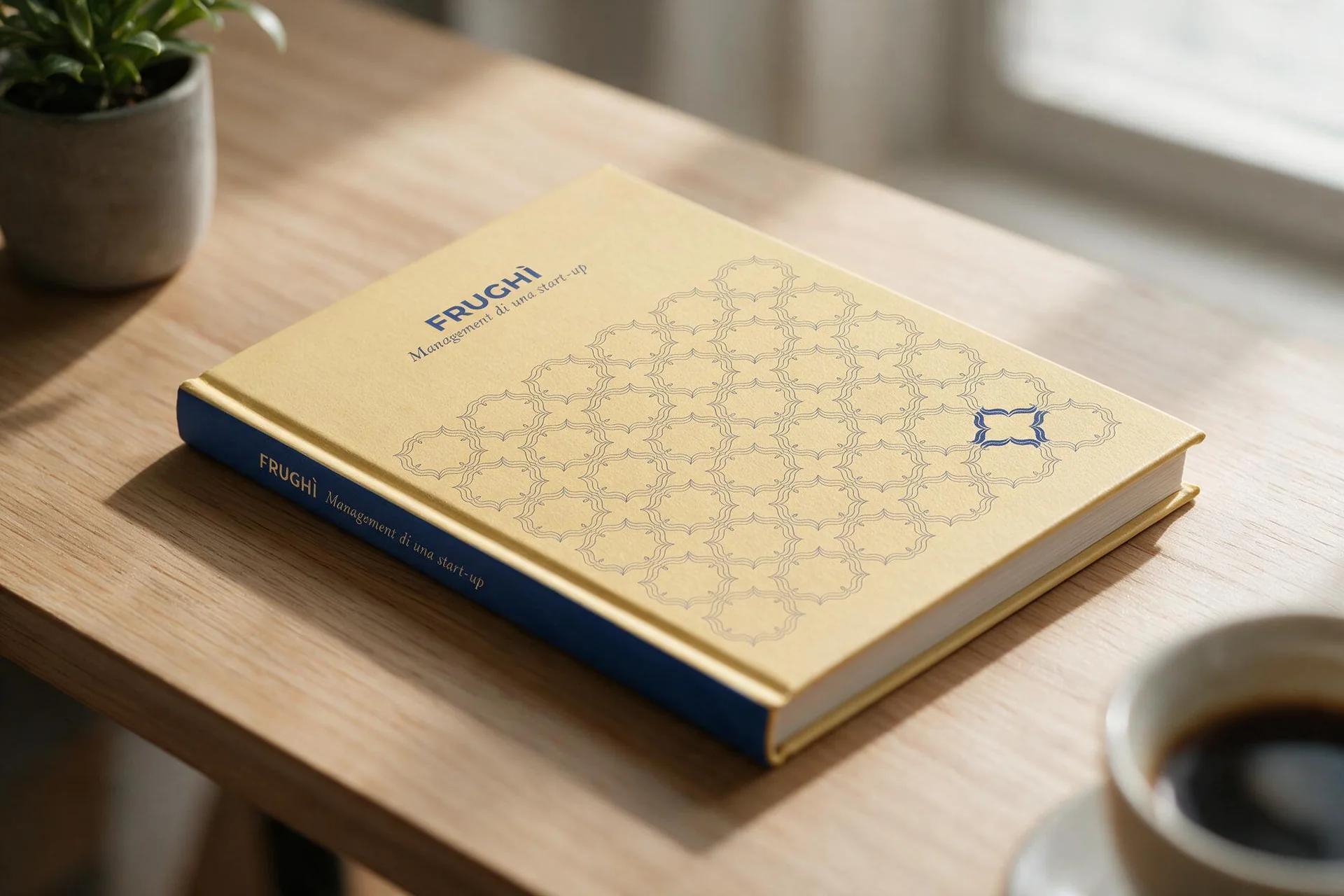 Mock-up del libro Frughì appoggiato su un piano di legno chiaro, vicino a una pianta e una tazza di caffè fuori fuoco: sul fondo giallo burro, la texture blu e il titolo FRUGHÌ.