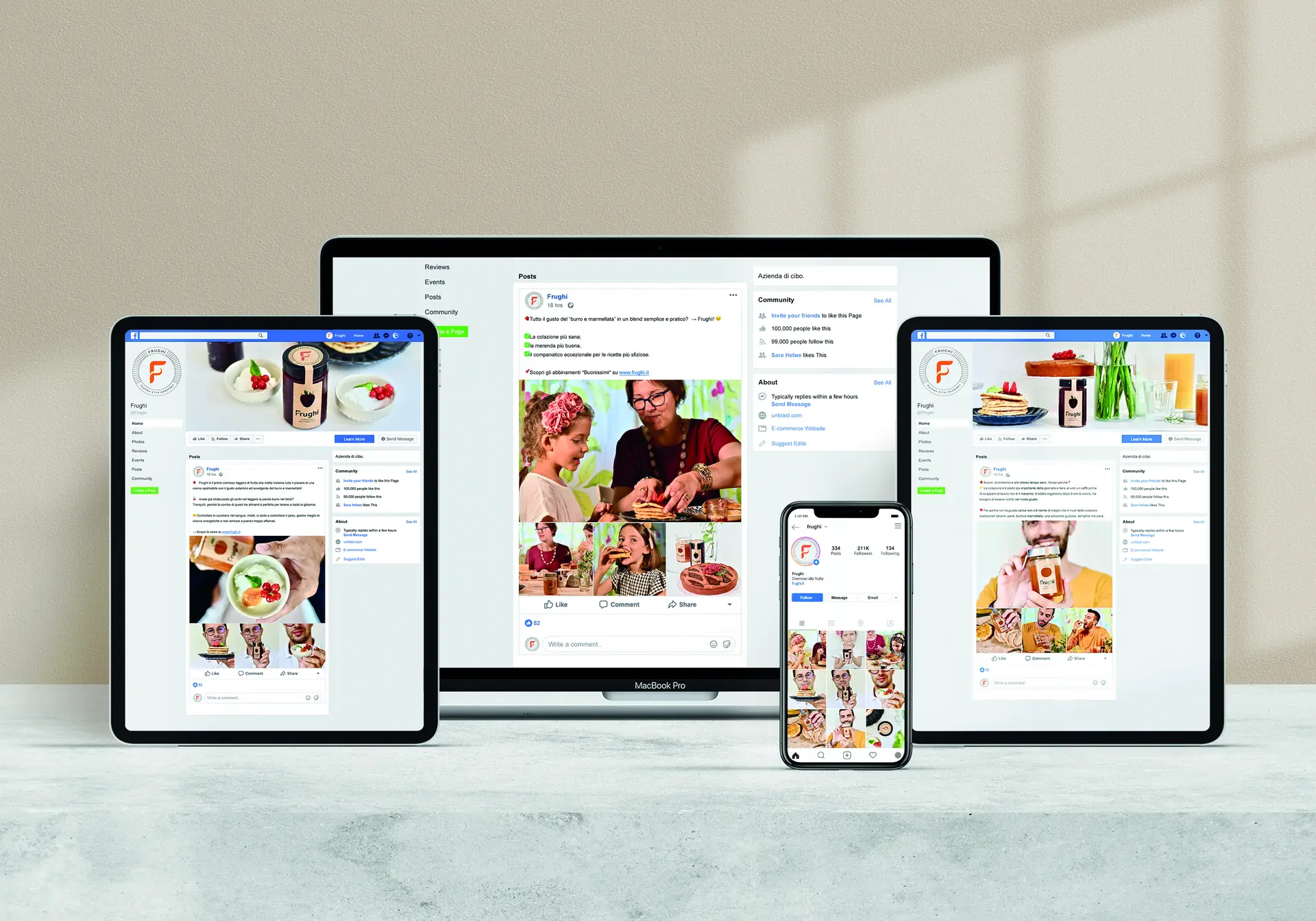 I profili social del marchio montati su quattro schermi affiancati — due tablet, un portatile e un telefono — con la F come immagine del profilo e la griglia dei post fatta di scatti in cucina e a tavola.