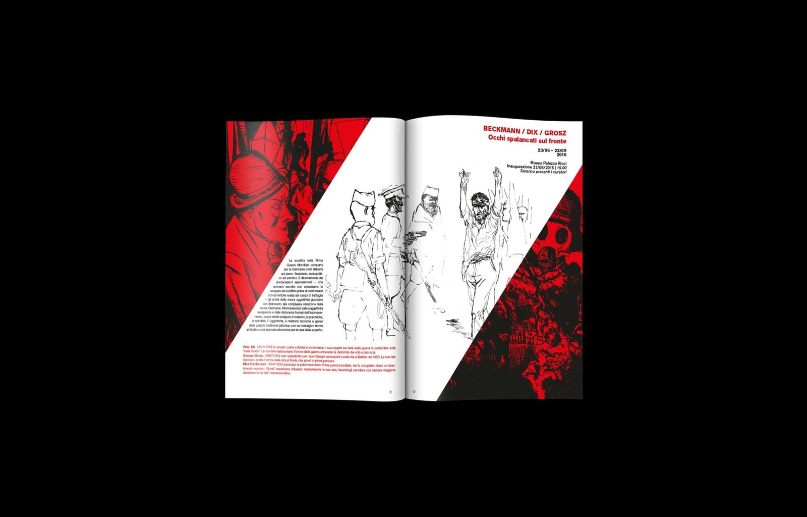 Doppia pagina aperta del libretto: a sinistra una fotografia retinata in rosso tagliata in diagonale e un testo giustificato, a destra il titolo della mostra Beckmann / Dix / Grosz con le date e la sede, sopra tre disegni a tratto.