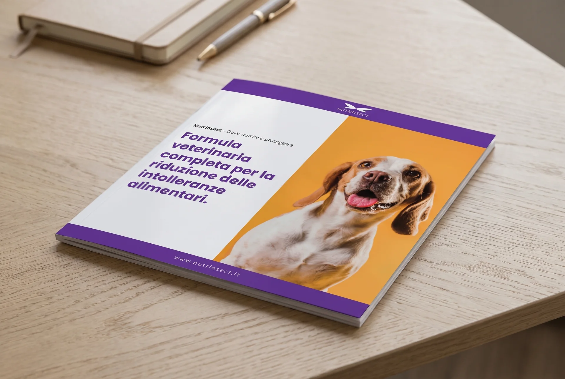 Mock-up generato: la brochure quadrata chiusa su una scrivania di rovere chiaro, vista di sbieco, con un quaderno e una penna sfocati dietro. In copertina la fascia viola col marchio, il titolo in grassetto e la foto del cane su fondo arancione.