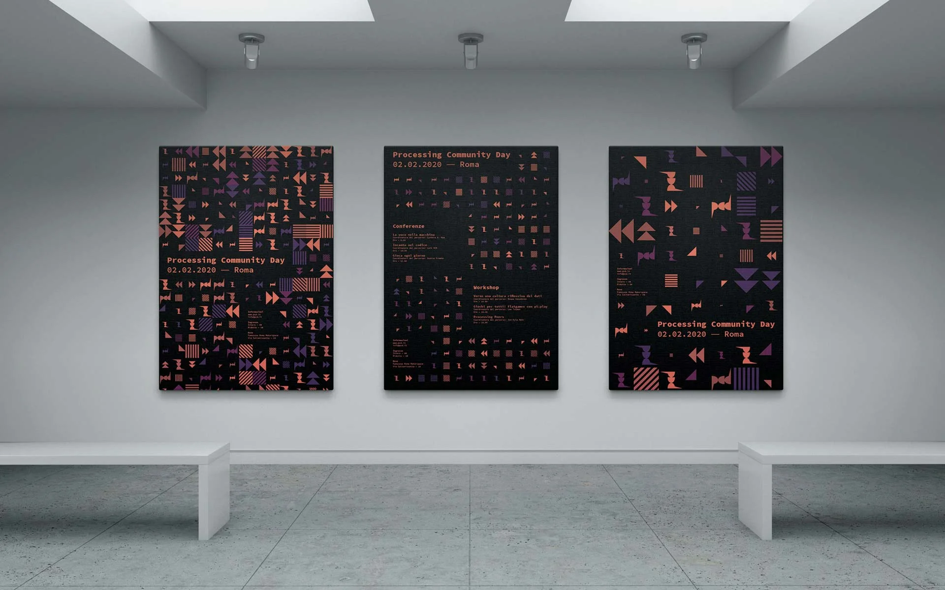 Tre manifesti neri appesi a una parete bianca di galleria: due coperti da un fitto pattern di triangoli e barre arancioni e viola, quello centrale con il programma di conferenze e workshop. Tutti riportano Processing Community Day, 02.02.2020 — Roma.