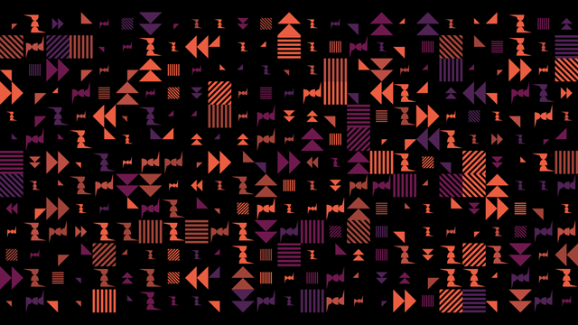 La texture generata a piena pagina: triangoli, clessidre e barre rigate in arancione, rosso e viola su fondo nero, che cambiano rotazione e dimensione su una griglia regolare.