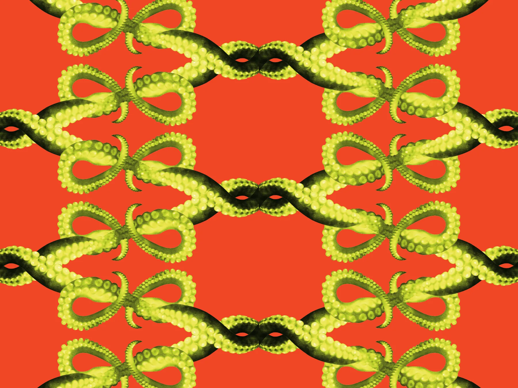Doppia pagina a motivo ripetuto: tentacoli di polpo virati in giallo verde, specchiati e ripetuti a griglia su fondo rosso acceso, senza margini bianchi.