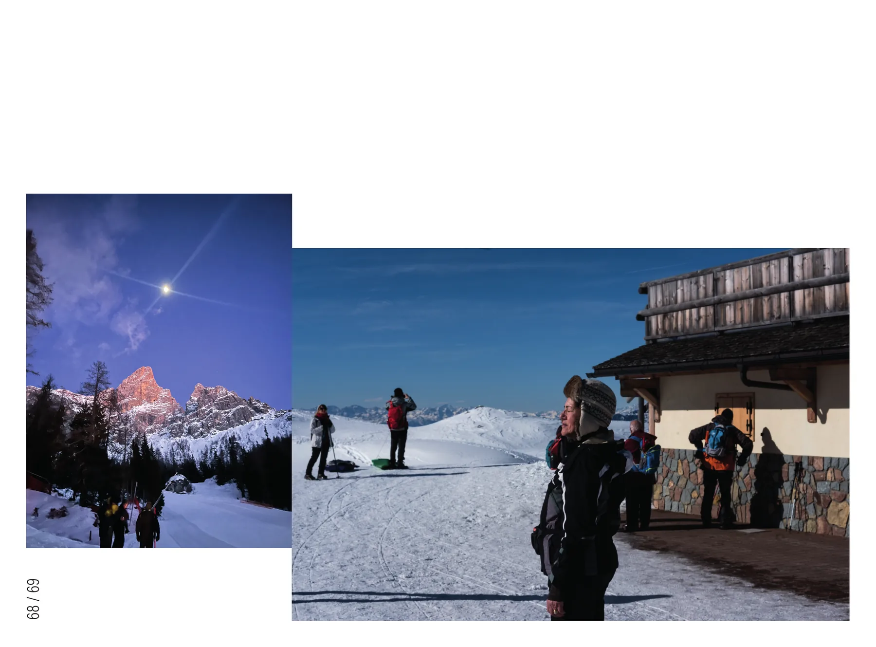 Doppia pagina con quattro fotografie piccole in fila, appoggiate una accanto all'altra a quote diverse: una cima al chiaro di luna, due sciatori, un gruppo davanti a un rifugio.