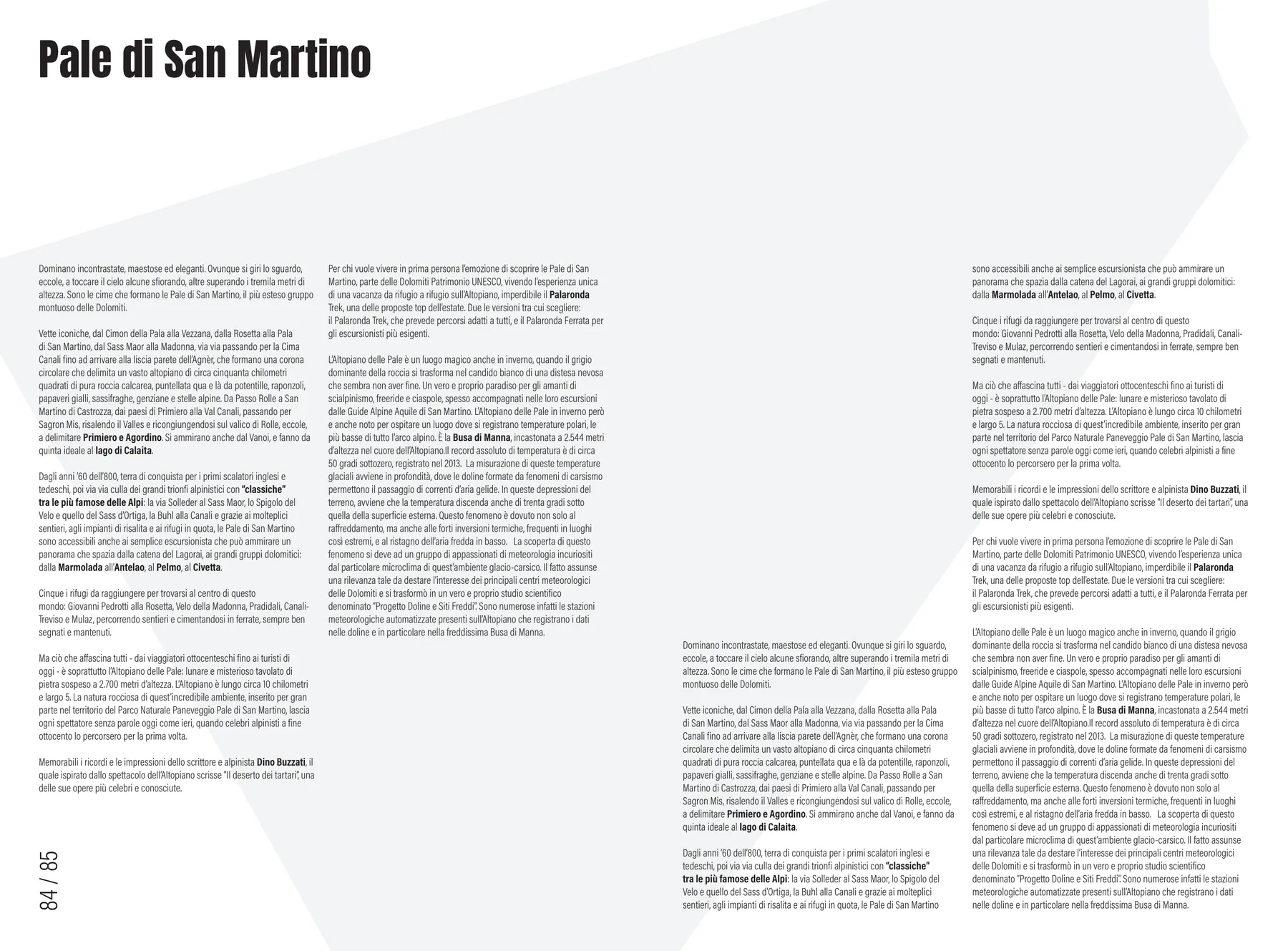 La doppia pagina di testo: il titolo Pale di San Martino in alto a sinistra e quattro colonne di testo in corpo piccolo, sopra una filigrana grigio chiarissimo a forma di profilo di montagna.