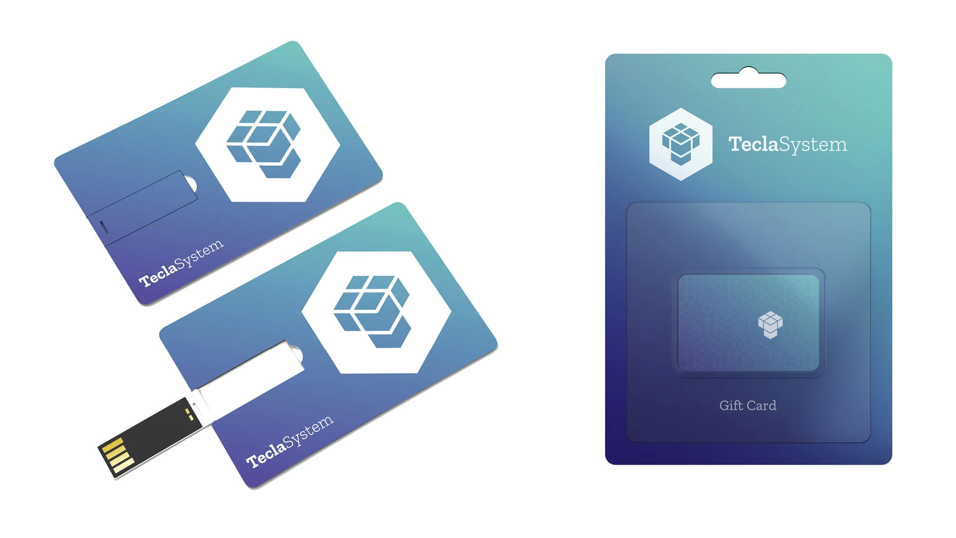 Due chiavette USB a forma di carta di credito, stampate in sfumatura blu con il marchio bianco, e accanto una gift card nel suo blister.