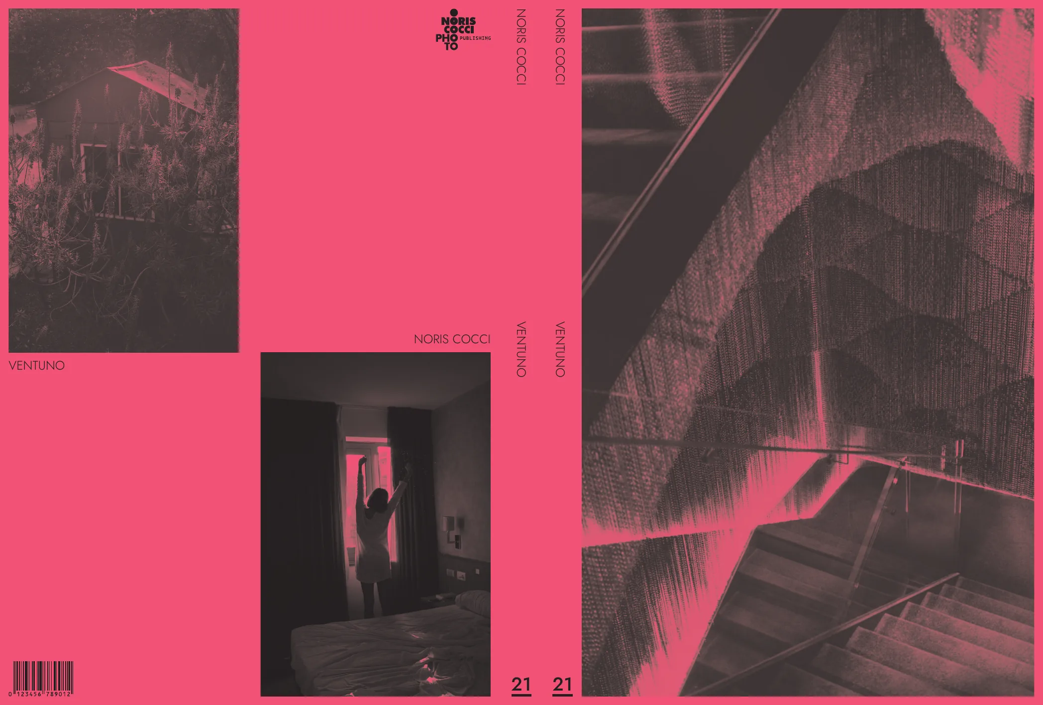 La copertina distesa, dalla quarta al fronte: fondo rosa fluorescente pieno, tre fotografie in duotone nero su rosa incassate nel colore, il titolo VENTUNO e il nome dell'autore in verticale lungo il dorso, il numero 21 sottolineato e il codice a barre in basso a sinistra.